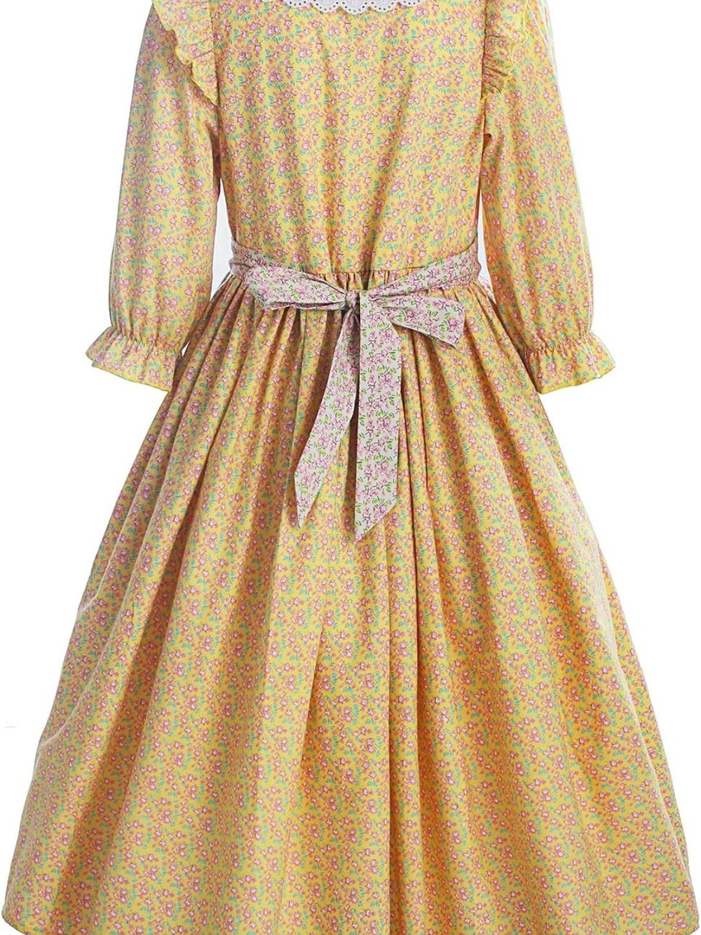 Yellow Floral Long-Sleeve Dress with Bow
